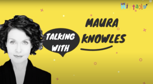 Black and white image of Maura on a yellow background. Text reads "Talking with Maura Knowles."