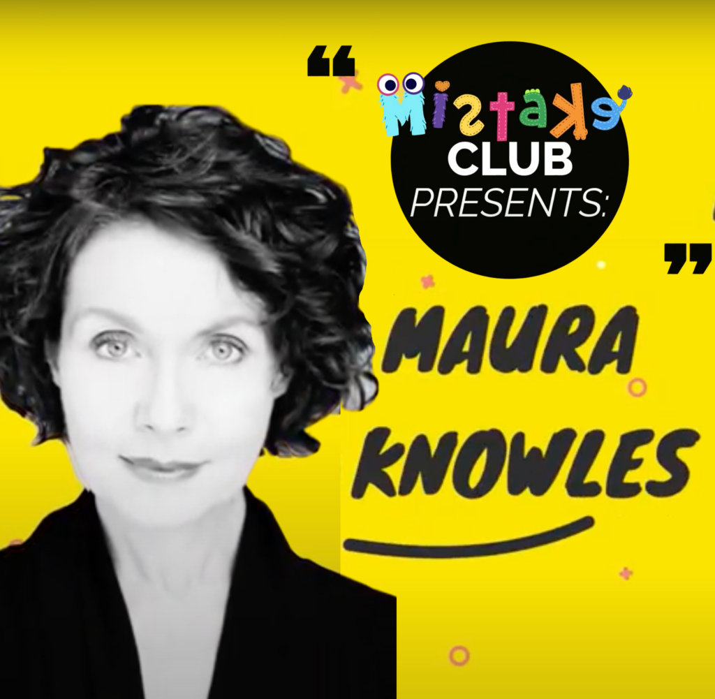 Black and white image of Maura on a yellow background. Text reads "Talking with Maura Knowles."