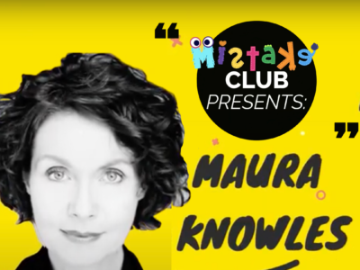 Black and white image of Maura on a yellow background. Text reads "Talking with Maura Knowles."
